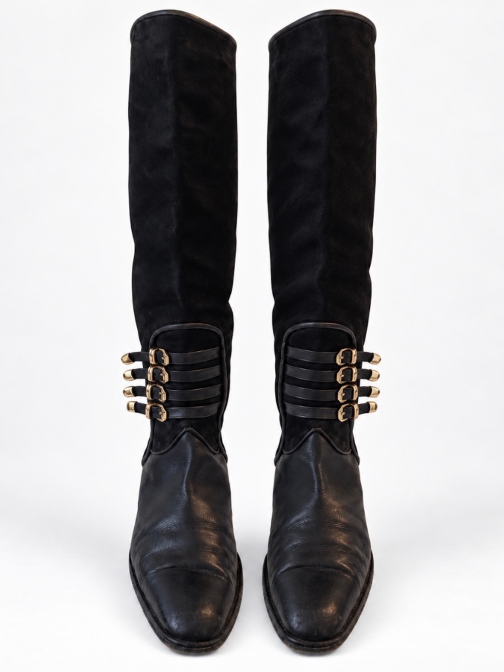 Vintage 90s Via Spiga Leather Suede Knee High Boots Gold Buckles Italy